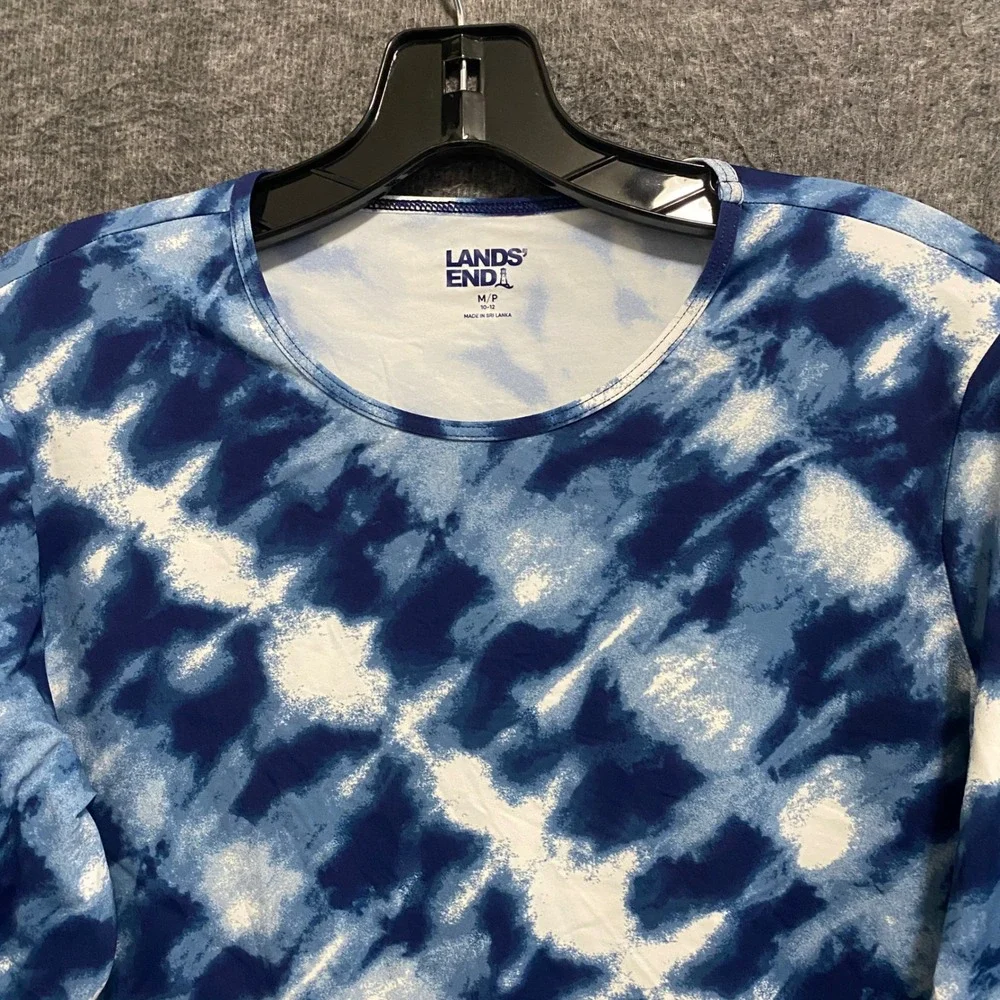 Lands End Swim Top Rash Guard Women M Petite Blue Tie Dye Stretch Beach Vacation
